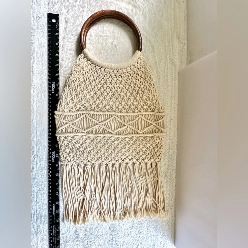 Macrame Crochet Handbag Woven Purse Wood Ring Handles Fringe Boho Bag NEW